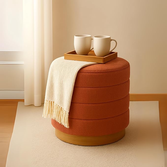 Round Ottoman with Storage โ Elegant Durable Linen Upholstered Footrest Bench for Living Room, Cylinder Vanity Stool โ Coral Orange