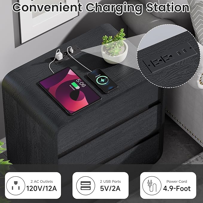 Farmhouse Black Nightstand with Charging Station, 25" Tall Wood Bedside Table, Modern End Table with 3 Storage Drawers, Curved Profile, Night Stand for Bedroom, Dorm, Sofa, Office