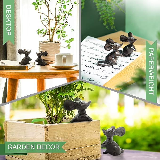 Sungmor Cast Iron Little Cute Mouse Ornament - Decorative & Lovely Figurine Indoor Outdoor Statues - Interesting Animal Sculpture Home Decoration - 2PC Pack & Brown Color
