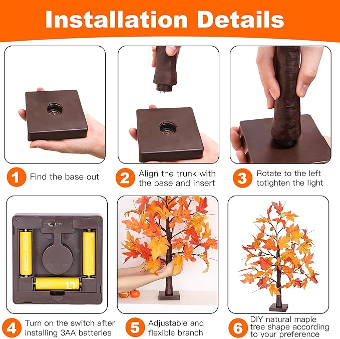 2 Pack 24 Inch Fall Maple Tree with 48LED Battery Operated Lighted Tabletop Artificial Tree with Pumpkin Acorn Maple Fall Centerpieces Indoor Fall Decorations for Home Thanksgiving Table Decorations