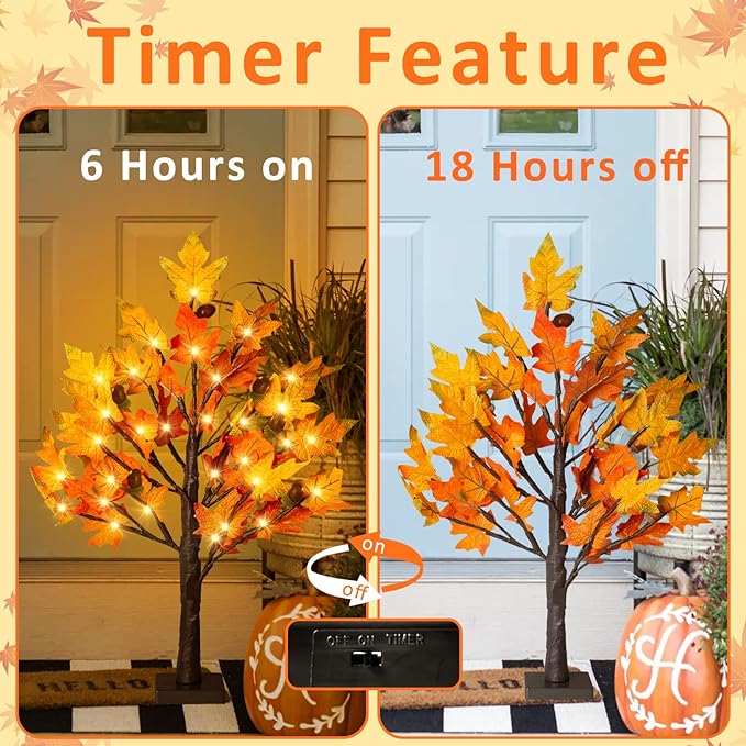 2Pack Fall Lighted Maple Tree - 2FT 36 LED Thanksgiving Decor Artificial Fall Lights, Battery Operated Tabletop Lamp with 6 Acorns, 6-Hours Timer, for Wedding Party Indoor Outdoor Autumn Decor…