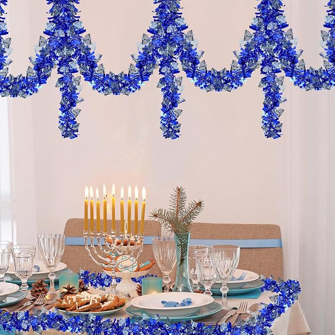Hanukkah Decorations, 32 FT Hanukkah Garland with Menorah and Star of David Sequins Ornaments Blue Artificial Tinsel Twist Garland for Chanukah Home Indoor Outdoor Party Table Door
