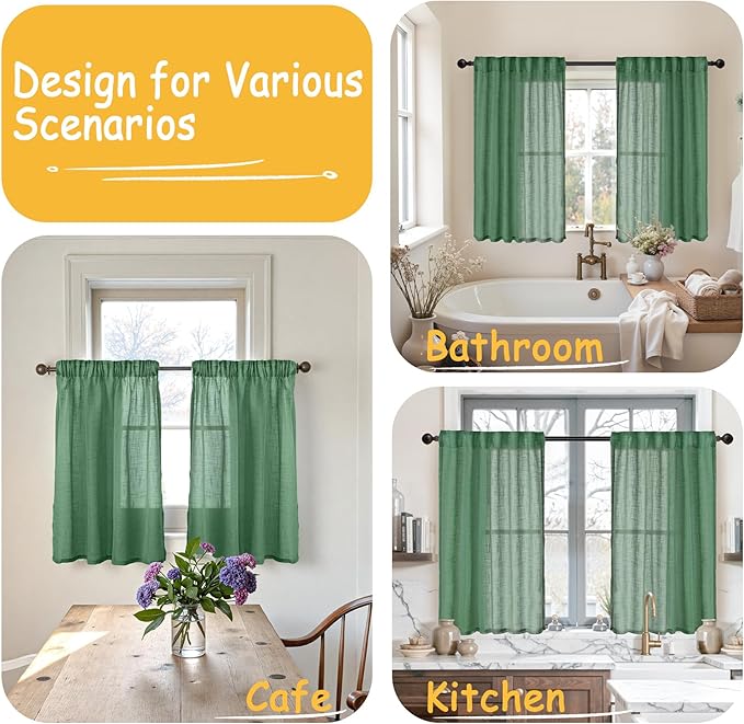 YoungsTex Green Linen Cafe Curtains 40 Inches Long 2 Panels, Small Drapes Light Filtering with Rod Pocket Back Tab for Bathroom Kitchen Window, 34 X 40 Inch