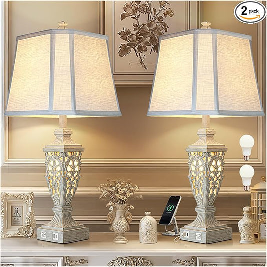 28.5" Lamps for Living Room - Table Lamps Set of 2 with Night Light,Bedside Lamp with White Linen Cut Corner Shade - for Bedroom Room and Nightstand with USB A+C Ports- for Office Hotel(Bulb Included)