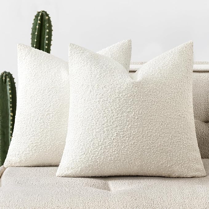 Woaboy Pack of 2 24x24 Inch Decorative Boucle Throw Pillow Covers Textured Square Pillowcaes Accent Euro Solid Cozy Soft Cushion Covers Christmas Home Decor for Bed Sofa Couch Living Room,White