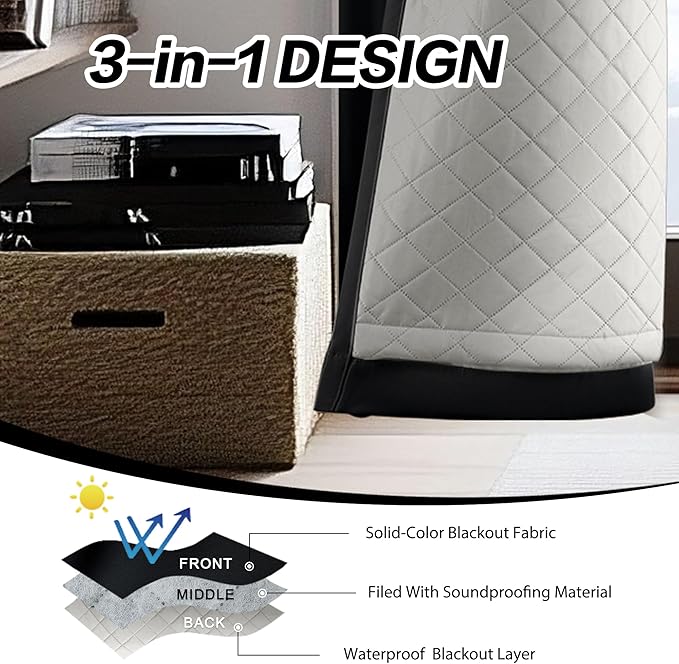 3 Layers Black Curtains Thermal Soundproof Curtains for Winter Grommet 100% Blackout Curtains 1 Panel 50x108Inches