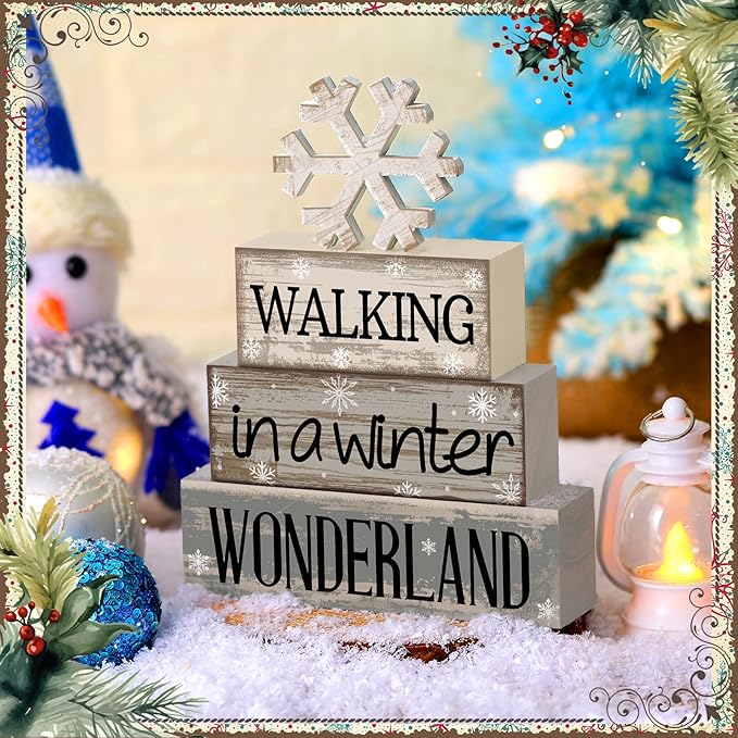 4 Pcs Christmas Table Decorations Wooden Snowflake Decor Winter Tiered Tray Decor Rustic Snow Block Signs Gift Farmhouse Christmas Centerpiece for Winter Wonderland Party Kitchen Shelf Home