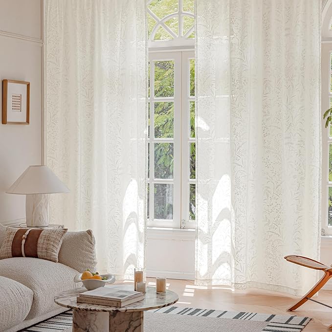 Anmao Beige Semi Sheer Light Filtering Curtains 96 Inches Long 2 Panels, Leaf Pattern Drapes for Living Room Bedroom, Rod Pocket Privacy Window Treatments with Floral Design, 52x96 Inch