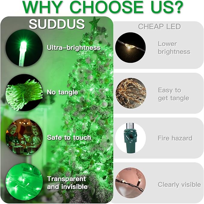 suddus Green Halloween Lights Outdoor with Remote, 66ft 200 LED Connectable Waterproof String Lights Plug in, Dimmable Clear Wire Fairy Lights for Chirstmas, Party, Tree, Garden, Porch Decorations
