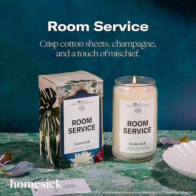 Homesick Scented Candles for Home (Room Service) - 13.75 oz Long-Lasting Soy Wax Jar Candle for Women & Men for All Occasions, 60-80 Hours Burn Time - Notes of Lotus Blossom, Fresh Linen & White Musk