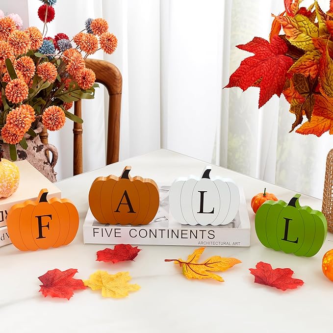 QINJIEJIE Fall Pumpkin Decor, Autumn Decorations for Home Halloween Decor Indoor, 4 Pcs Double-sided Pumpkin Wooden Sign, Thanksgiving Decorations for Indoor Home Office Table Tiered Tray Mantel