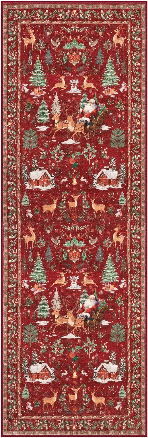 Lahome Christmas Runner Rug 2x6 Red Runners for Hallways,Kitchen Rugs Non Slip Washable Entryway Carpet Runner,Soft Christmas Tree Santa Claus Runners for Bathroom Bedside Holiday Decor(2'x6',Red)