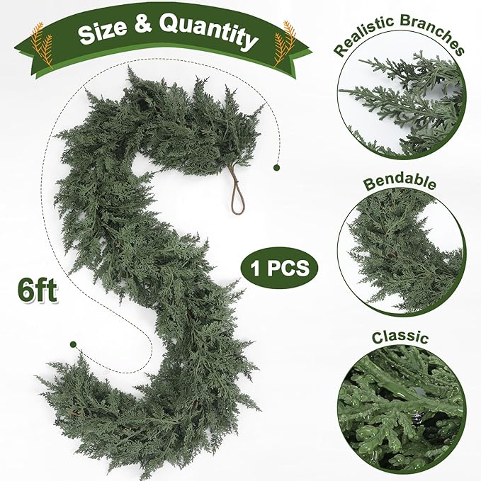 Jutom 1 PCS 6 ft Christmas Cedar Garland - Artificial Realistic Holiday Cedar Pine Needles Greenery Garland Decoration for Mantel Table Winter Party