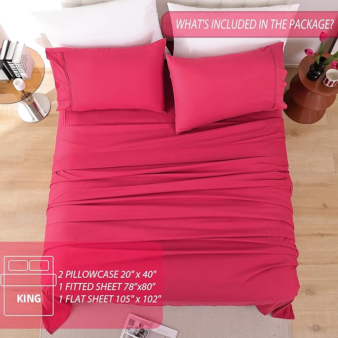 Whitney Home Textile King Size Sheets Set, Soft Microfiber Hotel Bed Sheets King Size, Extra Deep Pocket, Luxury Breathable Bedding Sheet & Pillowcase Sets, 4 Piece Wrinkle Free Oeko-Tex, Magenta