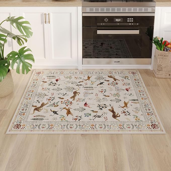 Rugcomf Door Mat Indoor Entrance 2x3 Rug Machine Washable Boho Floral Animal Small Area Rug Non-Slip Low Pile Throw Rugs for Entryway, Kitchen, Front Door Indoor Entrance, Entry, Kids Room (Beige)