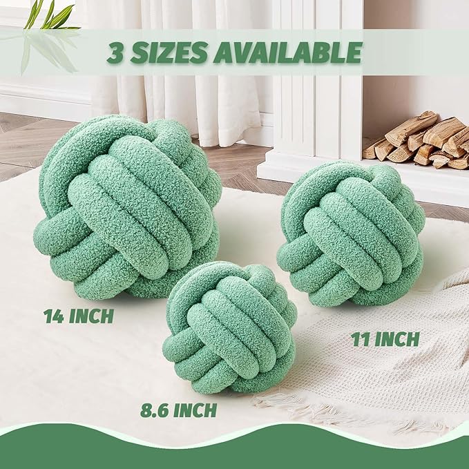Uvvyui Knot Pillow Ball, Soft Home Decorative Round Throw Pillow, Handmade Knotted Plush Pillow, Round Boucle Pillow Cushion (8.6 Inches Sage Green)
