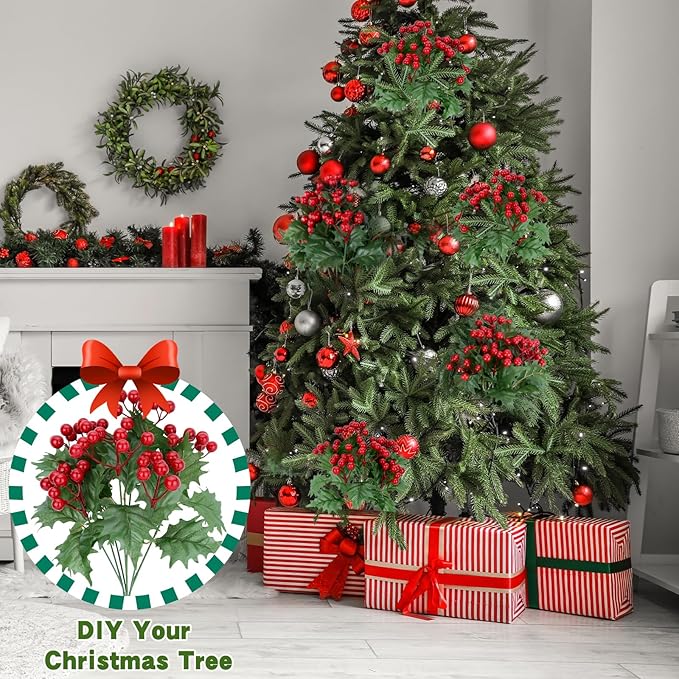 4 Bundles Fake Christmas Pine Branches with Red Berry Stems, Christmas Flowers Artificial for Norfolk Pine Garland and Trees, Faux Berry Picks for Holiday Home Decor