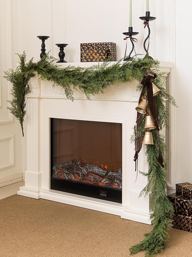 9ft Handmade Christmas Garland,Artificial Cypress Cedar Pine Greenery Seasonal Garland for Christmas Fireplace Winter Holiday Indoor Outdoor Decoration