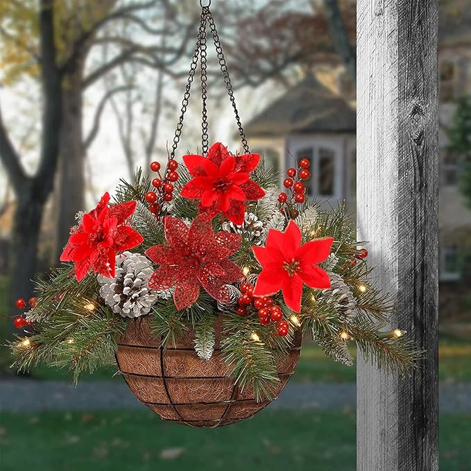 Floweroyal 60pcs Poinsettia Artificial Christmas Flowers Decorations with Clips and Berry Stems Glitter Ornaments for Christmas Tree Wreath Fireplace Stairs Decor (Red-3 Styles)