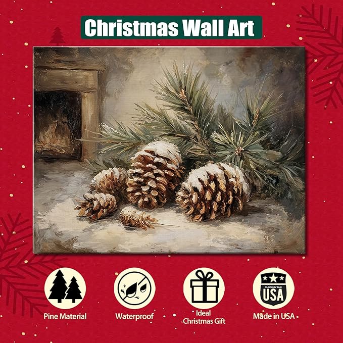 Vintage Pine Cones Christmas Canvas Wall Art, Rustic Winter Still Life Framed Print for Farmhouse Christmas Decorations, Cozy Holiday Gifts and Nature Wall Decor