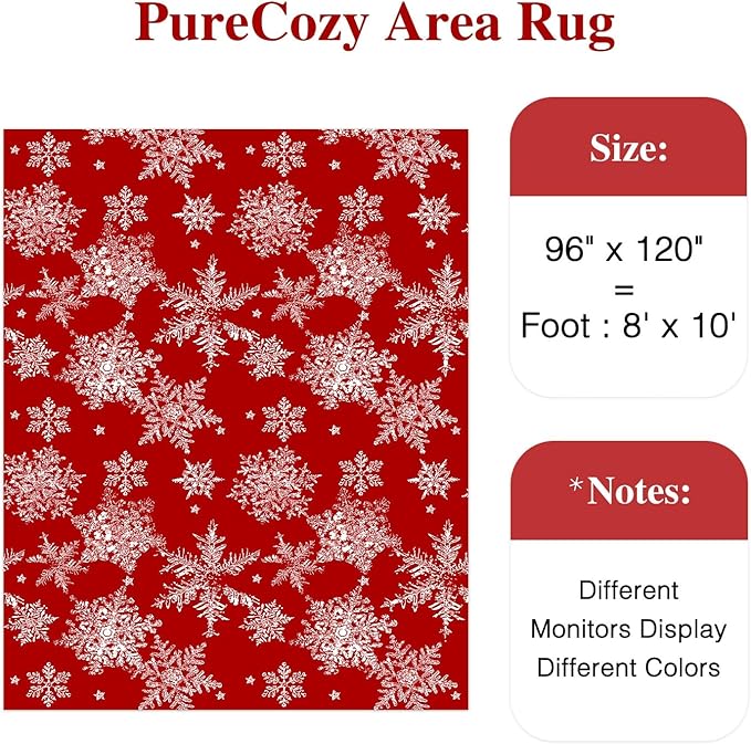 Red Area Rug 8x10 Christmas Living Room Carpet Snowflake Washable Bedroom Carpet Xmas Holiday Decor Non Slip Indoor Large Decorative Throw Rug for Dining Room Nursery