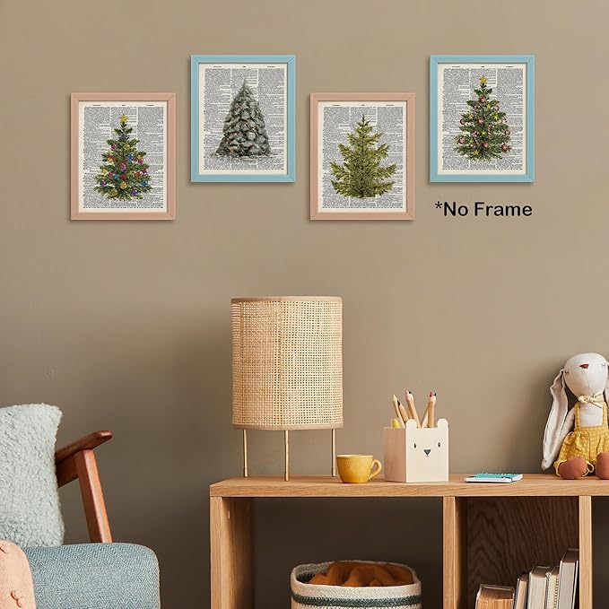 TLESKE Vintage Winter Christmas Pine Trees Posters Prints Unframed Set of 4 for Home Bedroom Living Room, Retro Christmas Pine Trees Wall Art Prints Decor, Aesthetic Winter Wall Pictures, 8x10