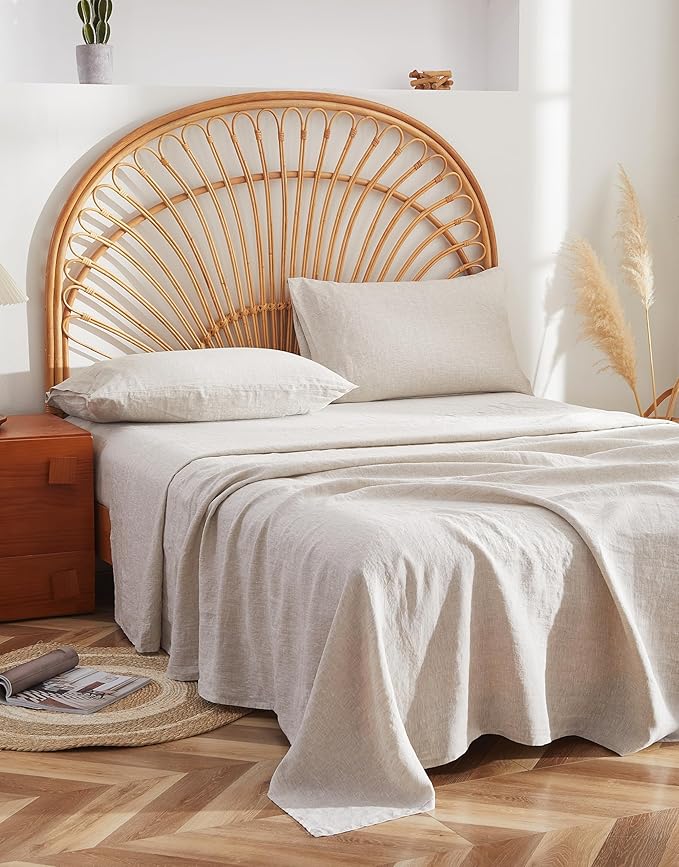 100% French Flax Linen Sheet Set, Bed Sheets Breathable and Durable, 4 Pcs Set - 1 Flat Sheet, 1 Fitted Sheet, 2 Pillowcases, 16 Inch Deep Pocket, All Season (Natural Linen, Queen)