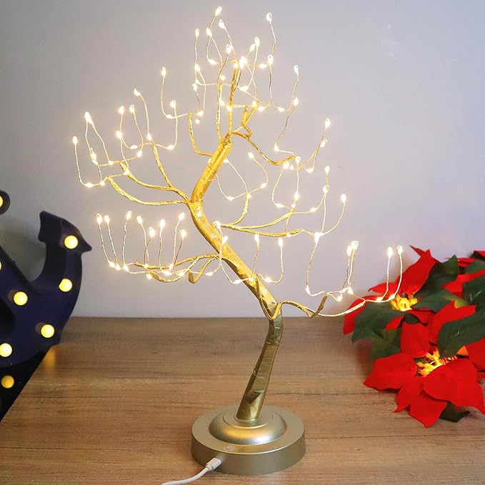 FUCHSUN 108 LED Tabletop Tree Light, Lighted Bonsai Fairy Twinkle Tree Lamp with 8 Lighting Modes & Timer, Home Bedroom Living Room Christmas Decoration, Battery/USB Powered (Golden Branches)