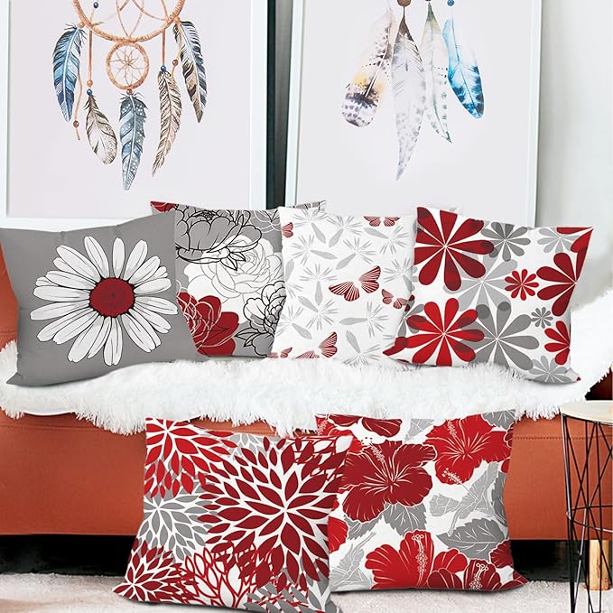 COMMINY Red Grey Pillow Covers 18x18 Set of 6 Decorative Burgundy Daisy Throw Pillow Cover for Couch Modern Farmhouse Cushion Pillow Case for Living Room Patio Home Decor