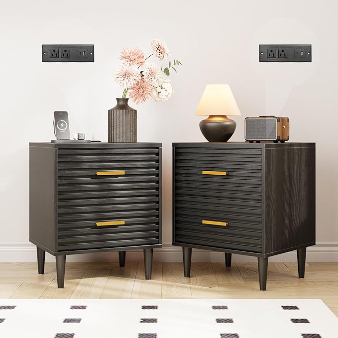 Alohappy Night Stand with Charging Station Set of 2, Bedside Table with 2 Drawers, Mid Century Modern End Table, Bed Side Table with USB Ports and Outlets, Nightstand for Bedroom, Black 2pcs
