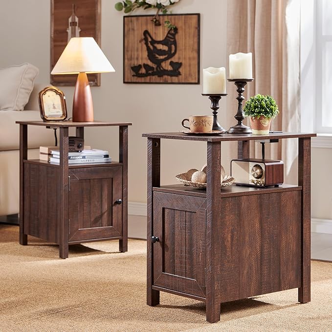 Farmhouse Nightstand Set of 2, End Table with Charging Station, Rustic Side Table w/Barn Door & Open Shelves, Bedside Table w/Storage Space and Storage Cabinet for Bedroom, Living Room (Brown)