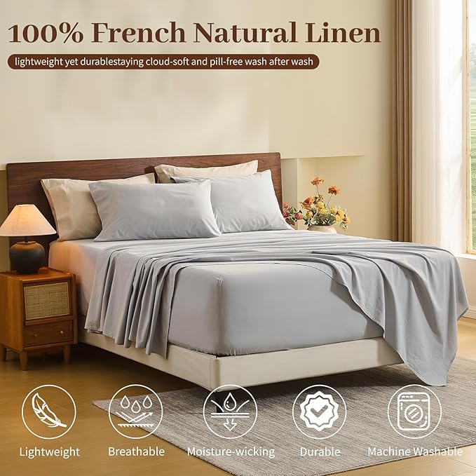 MEISHANG 100% French Pure Linen Sheets California King Size - Extra Deep Pocket Sheet Set, Soft Durable Flax Linen, Anti-Tear Breathable & Oeko-Tex Certified 18-24 Deep Pocket,All Season(Silver Grey)