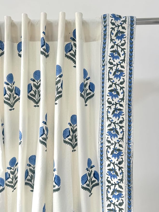 ATOSII 100% Cotton Single Panel Block Print Curtain, Easy Hanging with Rod Pocket & Loop, Living Room, Dining Room, Bedroom Light Filtering Boho Curtains, Set of 1, 60" W X 108" L, Flora Blue Poppy