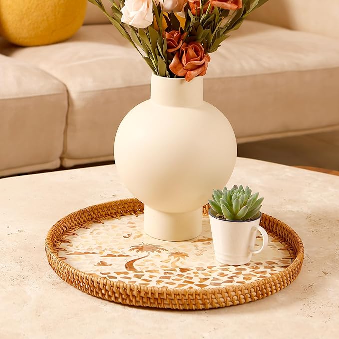 Round Rattan Tray with Mother of Pearl Inlay & Wooden Base - Decorative Wicker Serving Tray for Coffee/Bread/Fruits, Food Storage & Display - Multipurpose Home Decor (L,Island)