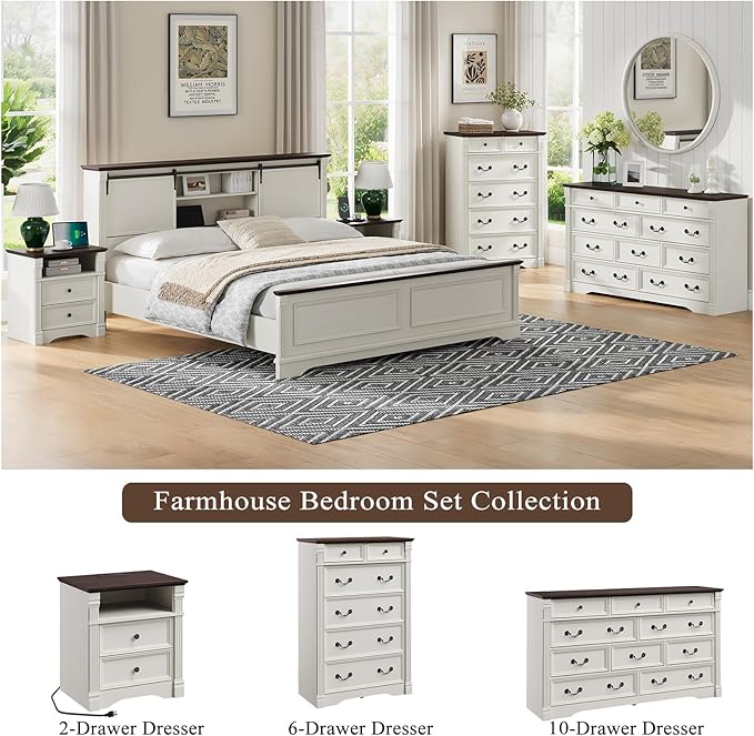 Yaamizz Farmhouse Nightstands with Charging Station, Table with Drawer and Storage Shelf, Wood Pilasters and Metal Handles, Vintage Design, Organizer for Bedroom, Hallway, White