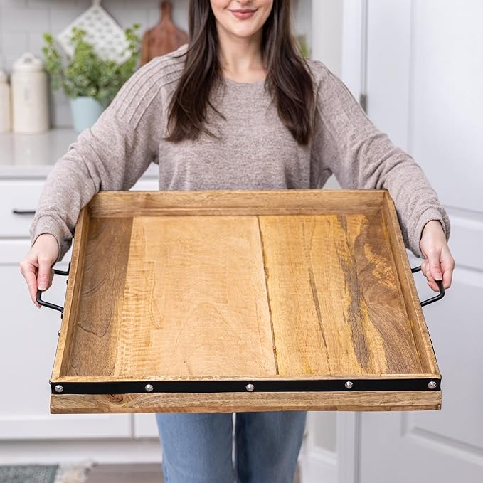 24"x24" Extra Large Square Ottoman Tray, Heavy Duty Mango Wood, for Serving Tea, Breakfast in Bed, Living Room Large Coffee Table Tray Rustic with Farmhouse Style, Decorative Handles and Accent Strap