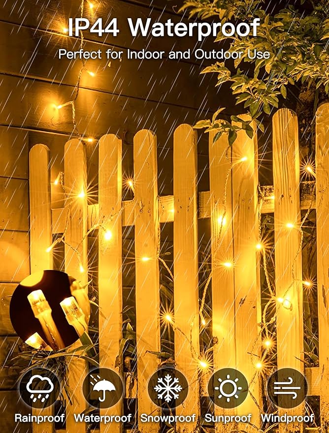 98FT 200 LEDs String Lights Waterproof Fairy Lights 8 Modes with Memory 30V UL Certified Power Supply for Home, Garden, Wedding, Party, Christmas Decoration Indoor Outdoor (Warm White)