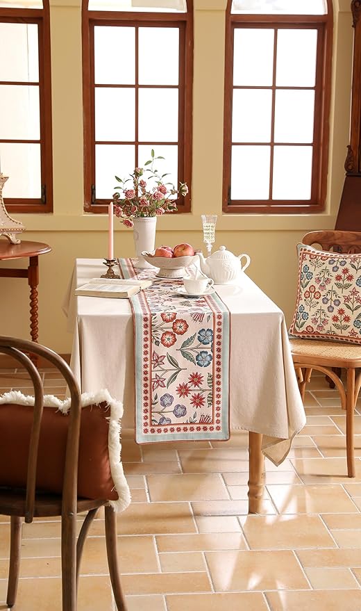 Decorative Linen Small Table Runner 63 Inches Long,Green Floral Rustic Fall Runner for Table Decor Tabletop Table Runners for Kitchen,Dining,Party,Home,Christmas,12"*63"