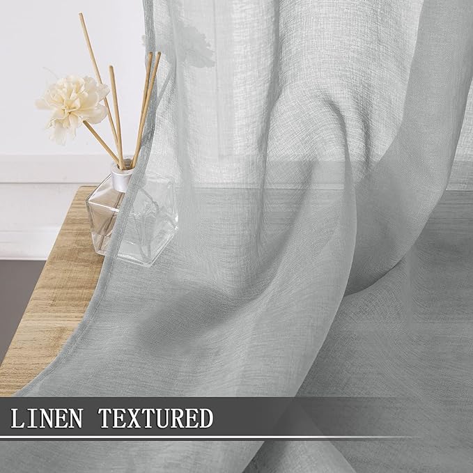 Tollpiz Short Sheer Tier Curtains Linen Textured Half Kitchen Curtain Sheers Light Filtering Rod Pocket Voile Small Curtain for Bathroom, 25 x 24 inches Long, Silver Grey, Set of 2 Panels