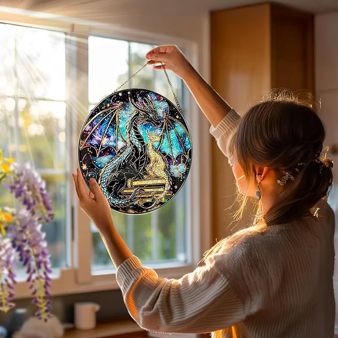 Stained Glass Window Hanging, 8 Inch Dragon Stained Glass Suncatcher, Sun Catchers Indoor Window, Suncatchers for Windows Hanging, Book Lover Christmas Ornament, Perfect for Bookworms