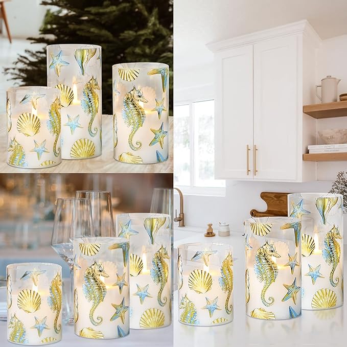 Flameless Candles x3 with Set Remote Christmas Bronzing Glass Golden Seahorse Shell Starfish Ocean Timer 24hrs-Cycled Home Decor Gift Wedding Party Room Table Centerpieces