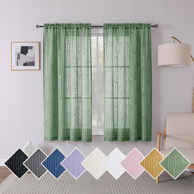 Simplebrand Sage Green Sheer Curtains 63 Inch Length 2 Panels, Light Filtering Semi Sheer Curtains for Bedroom, Geometric Jacquard Clip Textured Window Semi Sheer Curtains Drapes, 42Wx63L Inches