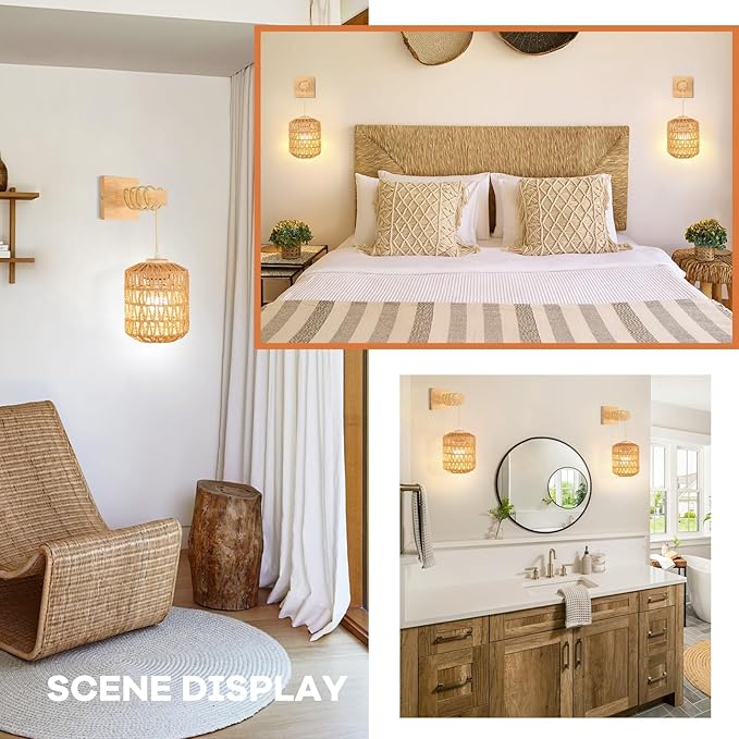 Rattan Wall Sconce Battery Operated Set of 2,Rechargeable Wall Light with Remote Control,Farmhouse Boho Wall Sconce Dimmable,Wireless Rustic Wall Lamp Indoor for Bedroom Living Room hallways foyer.
