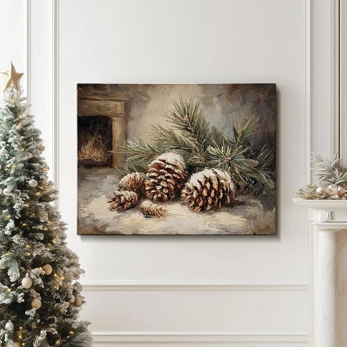 Vintage Pine Cones Christmas Canvas Wall Art, Rustic Winter Still Life Framed Print for Farmhouse Christmas Decorations, Cozy Holiday Gifts and Nature Wall Decor
