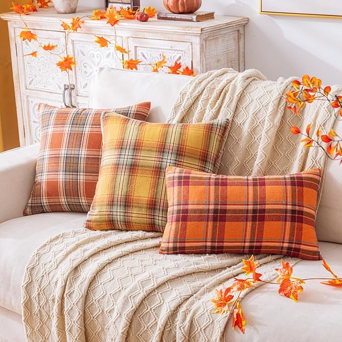 Fall Plaid Orange Red Throw Pillow Covers 18x18 Inch, Set of 2 Autumn Decorative Throw Pillows for Couch Sofa Bed Living Room Home Decor, Accent Pillow Cases for Farmhouse Couch Cushion Covers
