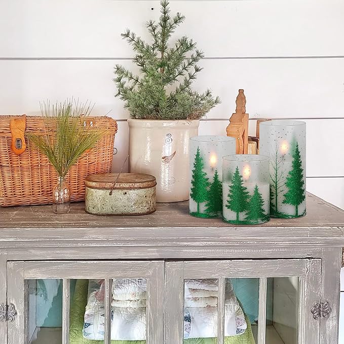 DRomance Christmas Tree Glass Flameless Candles with Remote Timer Battery Operated Real Wax 3D Wick LED Flickering Pillar Candles Christmas Holiday Decor(Green, 3 x 4,5,6 Inch)