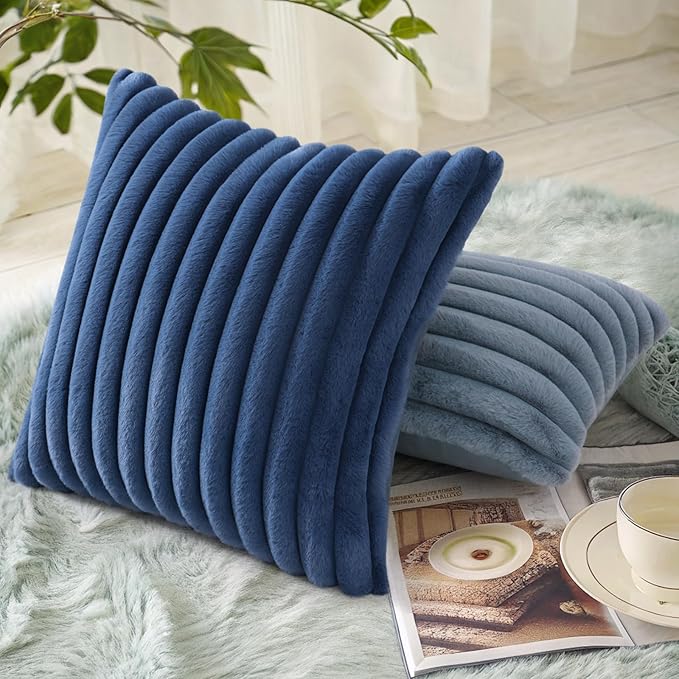 decorUhome Faux Fur Throw Pillow Covers 24x24 Set of 2, Decorative Soft Plush Striped Neutral Couch Euro Pillow Covers with Velvet Back for Sofa, Bed, Living Room Home Decor, Blue