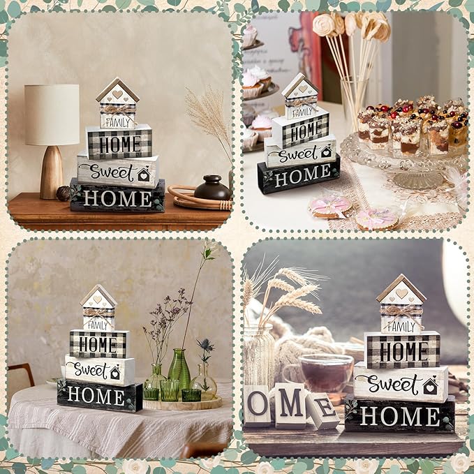 4 Pcs Farmhouse Wooden Tabletop Decor Sweet Home Tiered Tray Decor Rustic Retro Wood House Shaped Block Sign Housewarming Gifts Neutral Centerpiece Farmhouse Table Sign for Home Shelf Mantle