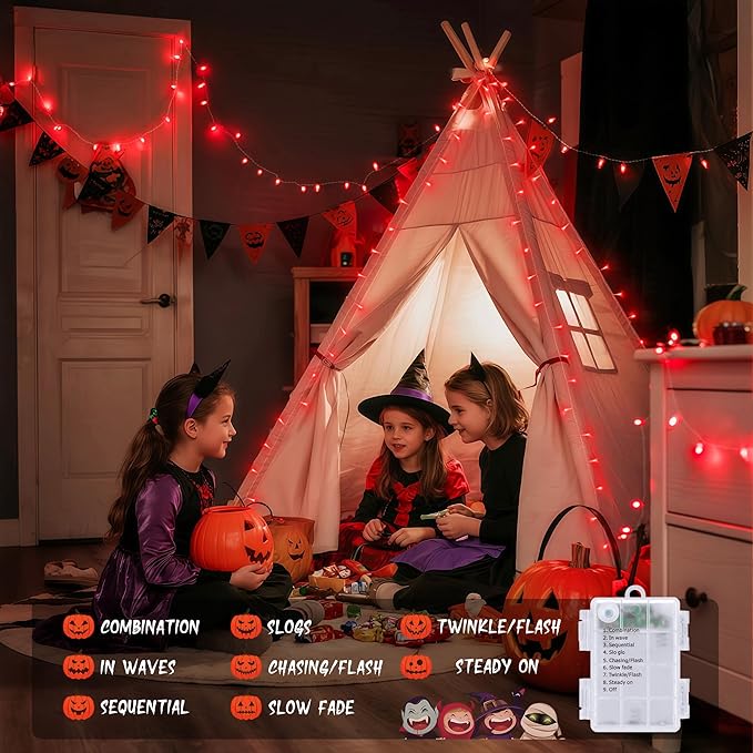 JMEXSUSS Red Halloween Lights Battery Operated, 33ft 100 LED Halloween Lights Indoor Outdoor with Remote, Red String Light for Tree Yard House Patio Decor