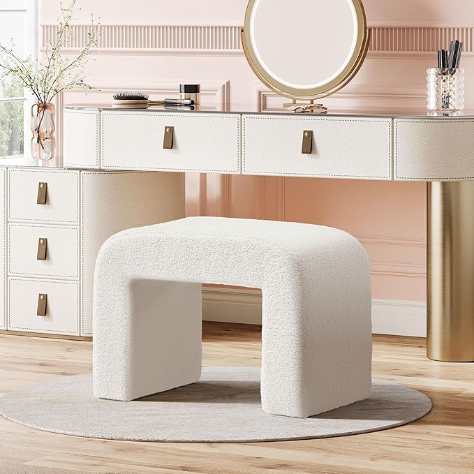 Tribesigns White Vanity Stool, Arched Foot Rest for Couch, Large Foot Stool Ottoman, Modern Extra Seating for Living Room, Shoe Bench for Entryway, Dressing Chair for Bedroom, Fully Assembly